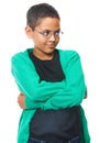 Boy, attitude and studio thinking with fashion for student, curious and isolated with expression. Child, glasses for Royalty Free Stock Photo