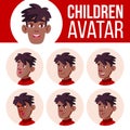 Boy Avatar Set Kid Vector. Black. Afro American. Face Emotions. Kid, Child. Friendly, Weeping. Cartoon Head Illustration Royalty Free Stock Photo