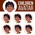 Boy Avatar Set Kid Vector. Black. Afro American. Face Emotions. Expression, Positive Person. Beauty, Lifestyle. Cartoon