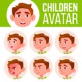 Boy Avatar Set Kid Vector. Primary School. Face Emotions. Expression, Positive Person. Placard, Presentation. Cartoon