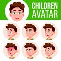 Boy Avatar Set Kid Vector. Primary School. Face Emotions. Flat, Portrait. Youth, Caucasian. Colorful Design. Cartoon Royalty Free Stock Photo