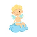 Boy Baby Cupid Sitting On Cloud, Winged Toddler In Diaper Adorable Love Symbol Cartoon Character Royalty Free Stock Photo