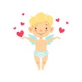 Boy Baby Cupid Surrounded With Hearts, Winged Toddler In Diaper Adorable Love Symbol Cartoon Character