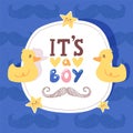 Boy baby shower invitation, birthday greeting card vector illustration for newborn announcement celebration with ducks Royalty Free Stock Photo