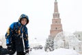 Boy on background of Syuyumbike tower in Kazan Kremlin Royalty Free Stock Photo