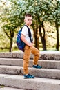 A boy with a backpack behind his back goes to school Royalty Free Stock Photo