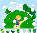 A boy with a backpack camping in the wood. Complete the puzzle a