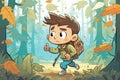 boy with backpack and compass during forest exploration