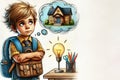 A boy with a backpack dreams of a house. Space for text. Royalty Free Stock Photo