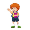 Cute cartoon boy going to school with her backpack in white background vector illustration