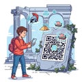 Boy with a backpack and mobile phone is scanning a large QR code on Royalty Free Stock Photo