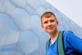 Boy with the backpack in the Olympic Park in Beijing Royalty Free Stock Photo