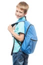 boy with backpack ready for school, portrait isolated