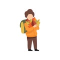 Boy with backpack walking to school with bouquet of colorful autumn leaves vector Illustration on a white background Royalty Free Stock Photo