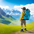 Boy backpacker enjoying mountains landscape travel hike alone in outdoor adventure active healthy lifestyle weekend leisure tour