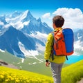 Boy backpacker enjoying mountains landscape travel hike alone in outdoor adventure active healthy lifestyle weekend leisure tour