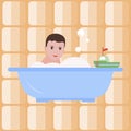 Boy in the bath. Bathroom. Happy childhood. Vector