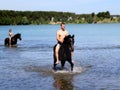 Boy bathe horse in the lake.