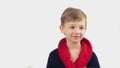 boy in a bathrobe posing at the camera on a white background Royalty Free Stock Photo