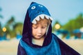 The boy on the beach wrapped in a towel, wet after swimming Royalty Free Stock Photo