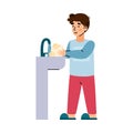 Boy behind sink washing hands with soap, cartoon vector illustration isolated. Royalty Free Stock Photo