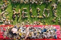 Boy on a bench covered with leaves and the word hello on the grass