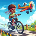 A boy on a bicycle is trying to overtake a flying plane.