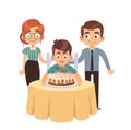 Boy and birthday cake. Celebration party, boy blows out candles on large dessert with parents, mom and dad congratulate Royalty Free Stock Photo