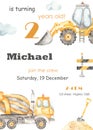 Boy birthday invitation with construction machinery, premade card