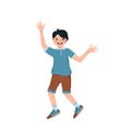 Boy with black hair, face in a shirt, shorts and sneakers smile. Happy kid spread his arms, hugs, dancing. A teenager in