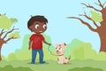 A black boy walks with his dog in the summer in the park. Cute flat illustration. Dog walking month