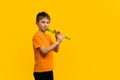 Boy with blockflute in studio Royalty Free Stock Photo