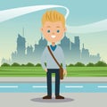Boy blond blue eyes student urban background Royalty Free Stock Photo