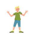 A boy with blond hair and face in a shirt, denim shorts and sneakers smile. Happy child hugs with his hands. Teenager in
