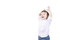 Boy with blond hair, smiling, with emotions on his face and arms raised, two years old. White isolated background