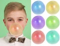 Boy blowing a bubblegum bubble. Plus six blanks