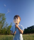 Boy, blowing dandelion outdoors in summer Royalty Free Stock Photo