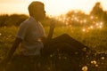 Boy blowing a dandelion at sunset Royalty Free Stock Photo