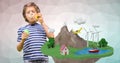 Boy blowing soap bubbles by low poly earth Royalty Free Stock Photo