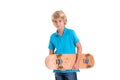 Boy in blue dress with skateboard