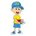 The boy in the hat carries a lot of books cartoon vector illustration