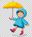 A boy in blue raincoat with umbrell grid background