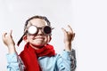 Boy in blue shirt, red scarf, biker glasses and bandana on light background Royalty Free Stock Photo