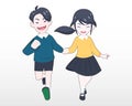 A boy in blue sweater hand holding a girl in yellow sweater illustration