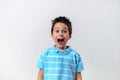 A boy in a blue T-shirt looks at the camera and screams Royalty Free Stock Photo