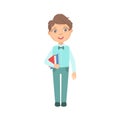 Boy In Blue Trousers And Vest Holding Books Happy Schoolkid In School Uniform Standing And Smiling Cartoon Character