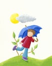 Boy with blue umbrella