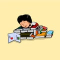 Boy with Books hand drawn illustration