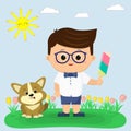 The boy in a bow tie a butterfly, shirt, shorts and glasses keeps ice cream. Next to him sits a puppy Corgi. Glade with