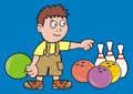 Boy and bowling ball and pins, vector icon for sport game tournament Royalty Free Stock Photo